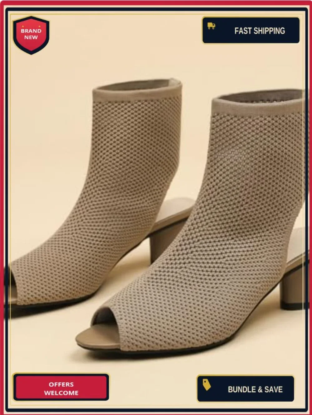 Knit Peep Toe Slingback Chunky Heel Ankle Booties Open Pointed Toe Hollow
